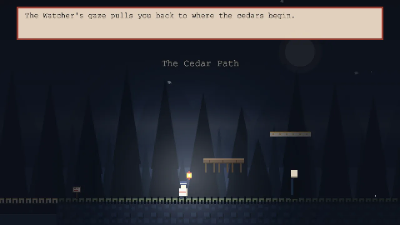 Ren hidden in darkness while a Watcher passes on the cedar path