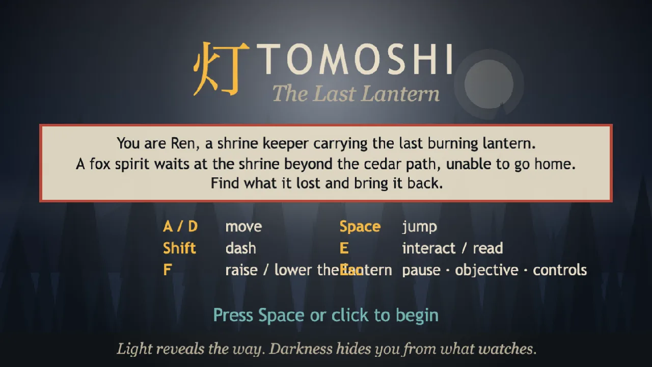 TOMOSHI title screen: a lantern glowing against an indigo mountain night
